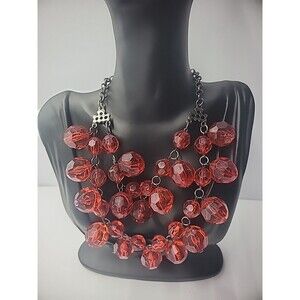 Vintage Necklace Beaded Red Multi Strand Gray Tone Jewelry Costume
